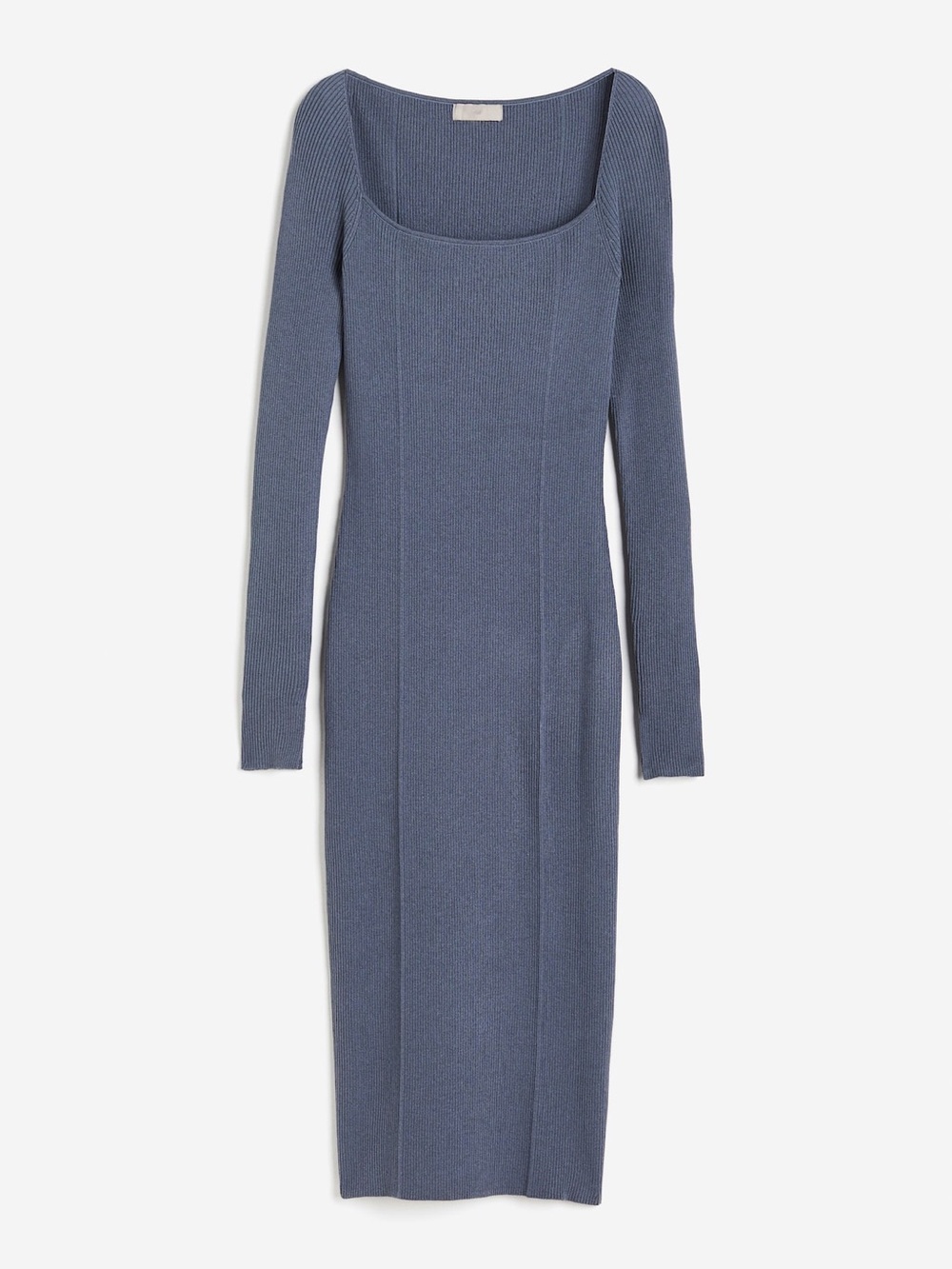 H&M Ribbed Square-Neck Rib-Knit Midi Dress in Blue